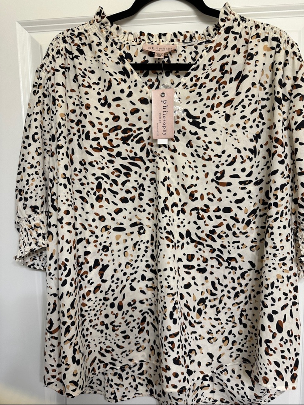Philosophy Leopard Print Puff Sleeve Blouse - Ivory/Tan/Black Size 2X